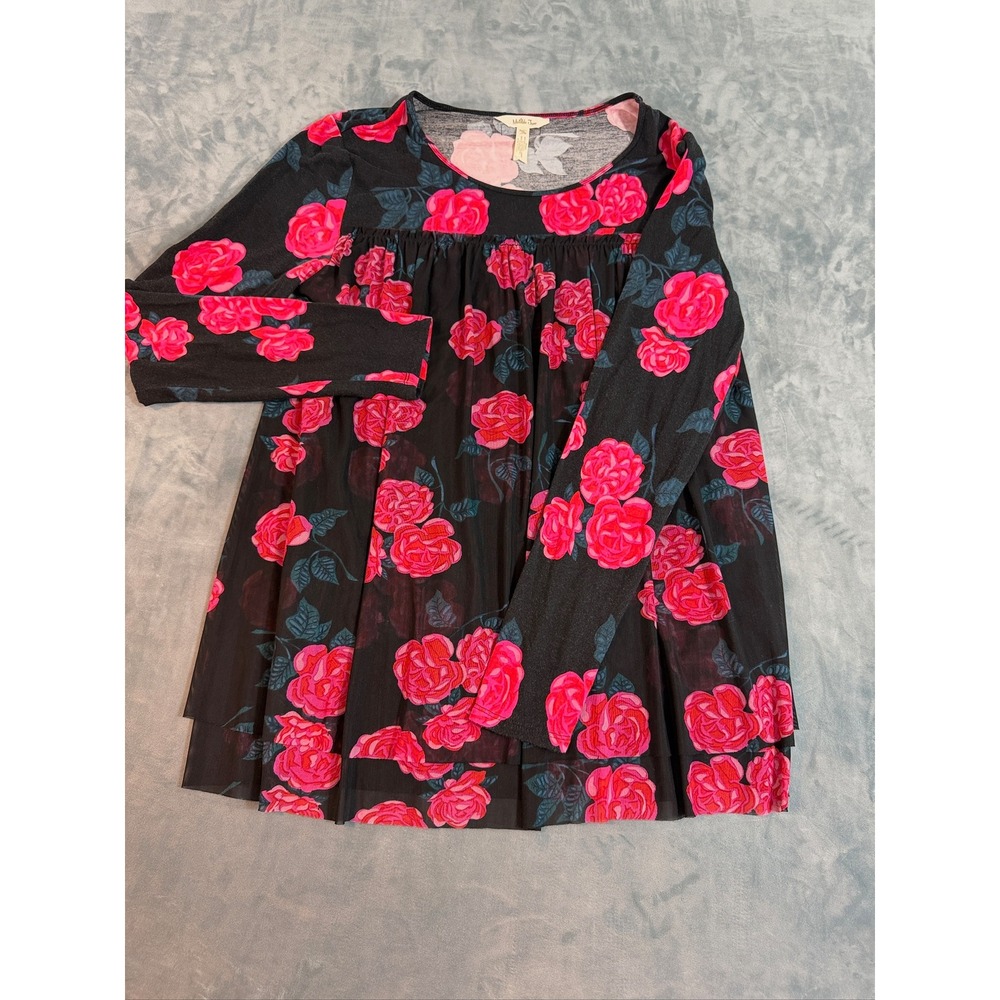 Matilda Jane Pink Rose Floral Babydoll Tunic Top Black Long Sleeve Medium